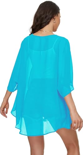 Image of Indian Trendy Women's Solid Puff Sleeve Kimono Cardigan Loose Cover Up Casual Blouse Top Chiffon