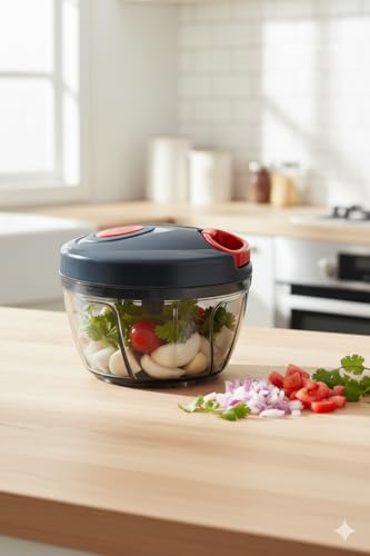 Image of Manual Food Chopper with Pull Cord, 3 Stainless Steel Blades - 450ml Vegetable, Fruit & Onion Cutter (Black & Red)