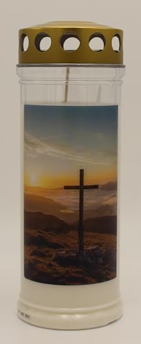 Vela de cementerio de 7 días, transparente con diseño de cruz de la cumbre