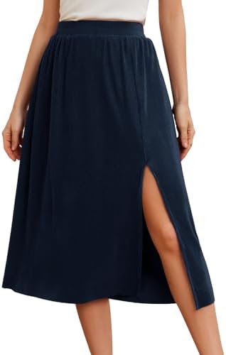 Gardenwed Womens Midi Casual Skirt High Waisted Pleated Flowy A Line Elastic Swing Skirts with Side Slit