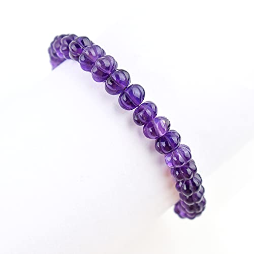 Qnavic Natural Carved Amethyst Gemstone Beads Handmade Bangle Bracelet For Women, Healing Chakra Crystals, Birthstone Jewelry, Rhodium Plating 925 Sterling Silver 8 Inch, Birthday Gift For Her #TOP4