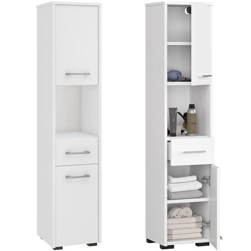 Home Collective Badezimmerschrank schmal weiß mit 2 Türen und Schublade, 140 cm hoch, 30cm breit und tief