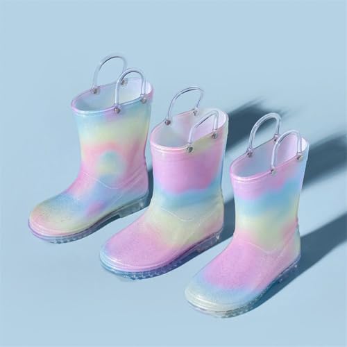 Women Clear Round Toe Flat Pull On Mid Calf Boot Waterproof Jelly Soles Kids Rainbow Rain Boots2