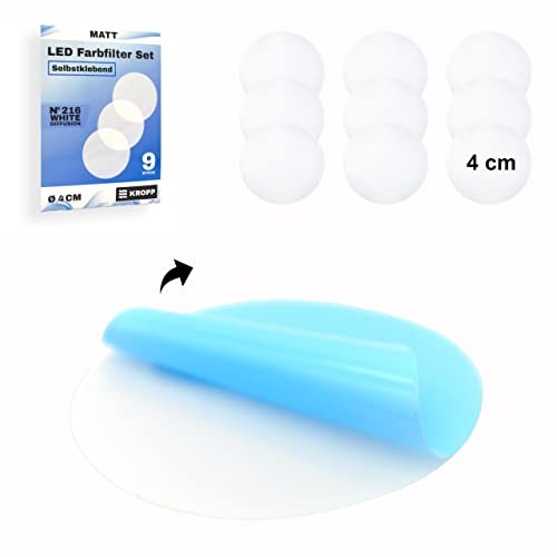 KROPP Selbstklebende Diffusorfolien für LED Lampen, 4 cm Kreiszuschnitt, Milchglasfolie für schöne Optik und Lichtstreuung, Filterset mit 9 Stück