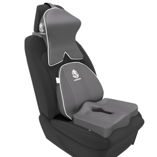 Image of MRRON Memory Foam Posture Corrector Car Seat Cushions Combo | Orthopedic Backrest, Coccyx Cushion & Neckrest | Ergonomic Lumbar Comfort Seat Cushion | Reduces Sciatica (Grey, Spine Support)