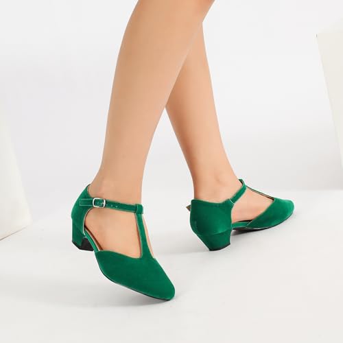 Image of MAIERNISI JESSI Women's T-Strap Mary Jane Pumps, Low Block Heel, Closed Toe, Buckle Ankle Strap