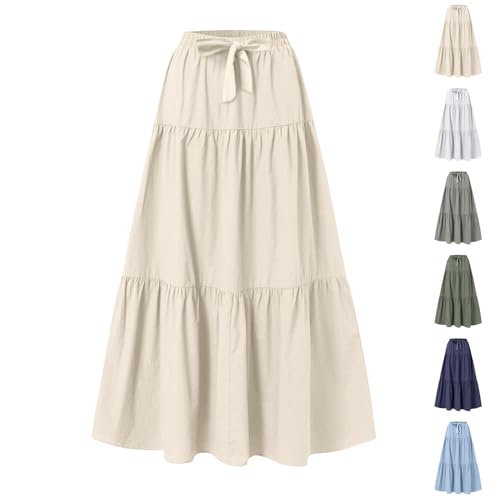 Linen Maxi Skirts for Women 2025 Bow High Waisted Aline Tiered Long Skirt Trendy Summer Vacation Boho Beach Skirt