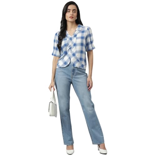 Image of Latin Quarters Women Blue Casual Check Half Sleeve Shirt