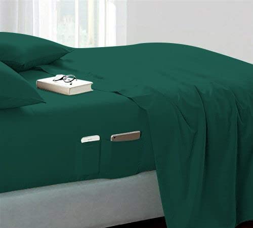 4 Piece Bedding Sheet Set,Luxurious,Soft & Durable, Queen Size Side Pocket Sheet Set with 15" Pocket Bed Sheets with Side Storage Pockets 1000 T-C, 100% Egyptian Cotton, Teal Green