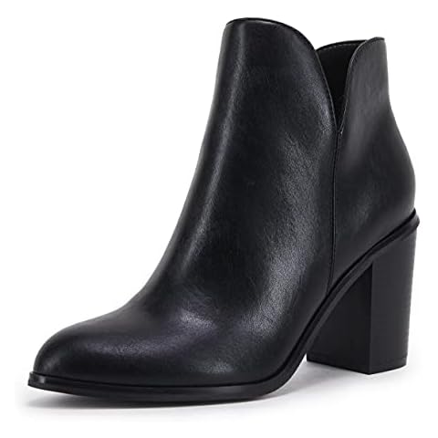 LAICIGO Womens V Cut Ankle Boots Side Zipper Chunky Stacked Heel Faux Leather Booties Cover