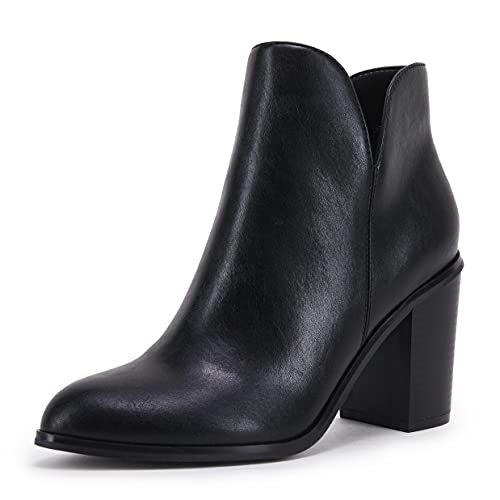 LAICIGO Womens V Cut Ankle Boots Side Zipper Chunky Stacked Heel Faux Leather Booties
