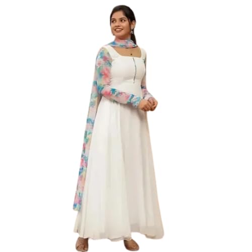 Image of Anveri Textiles Women's Elegant White Anarkali Dress with Floral Printed Dupatta | Long Flared Ethnic Gown | Party Kurti Set