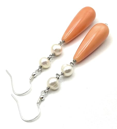 Boucles d'oreilles perles blanches d'eau douce et corail rose, artisanat d'Italie