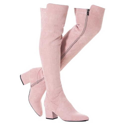 N.N.G Women Over The Knee Boots Faux Suede Pink Side Zip Closure 2 Inch Block Low Heel Classic Style for Casual and Dressy Occasions Size 9