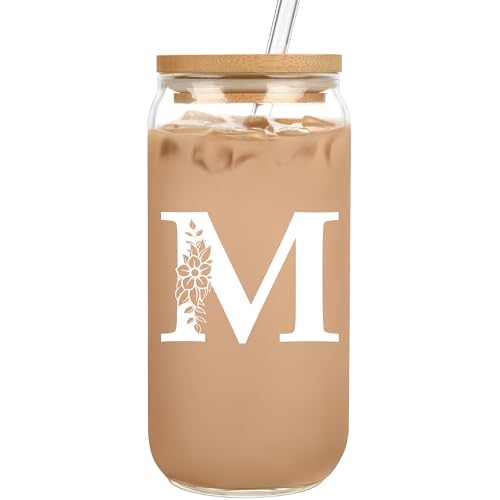Personalized Gifts for Women, Monogrammed Glass Cups with Lids and Straws, Custom Tumbler, Cute Customized Mug, Aesthetic Stuff, Initial Iced Coffee Cup, Drinking Glasses, Birthday Teacher Gifts, M