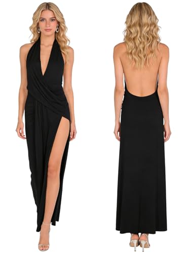 Image of ANKOMINA Women's Sexy V Neck Halter Backless Maxi Dress Ruched High Split Long Bodycon Dresses for Party Cocktail Evening