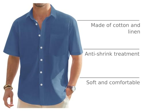 Image of J.VER Mens Linen Shirt Short Sleeve Button Down Casual Summer Shirts | Cotton Linen, Untucked, Big Tall, from Beach Camp Vacation, Cruise Fishing, Work Office, to Wedding Party Family, with Pocket