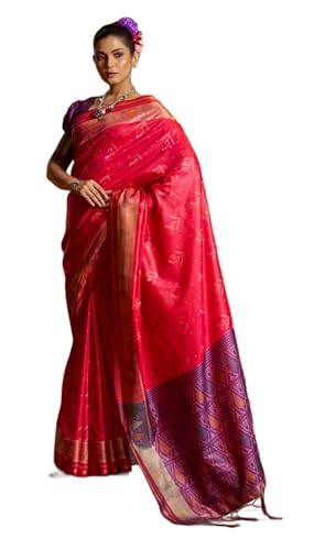 Image of MADHUHANSH Women's Cotton Linen Saree with Unstitched Blouse Piece and Solid Pattern | Mithila Painting Saree | Saree for Haldi Ceremony