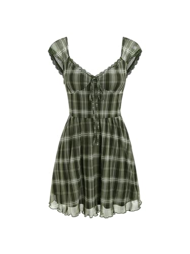 Image of CIDER Women's Gingham Mini Dress Summer Sundress Casual V Neck Flowy Cute Teen Short Seelve Ruffle Dress