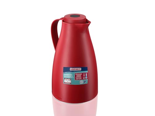 Leifheit Pichet isotherme 1L Harmonic, Pichet thermos café et thé 100% étanche, Thermos café chaud jusqu'à 24h, ouverture fermeture et versement d'une seule main, thermos design sans BPA, rouge