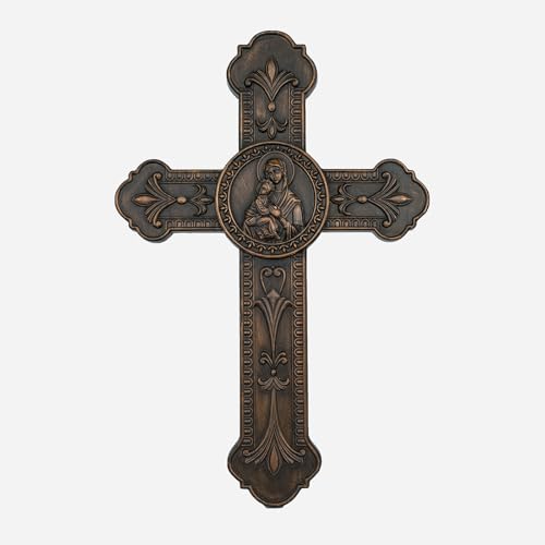 Cruz de madera con relieves religiosos para decorar la mesa del salón o el altar de casa