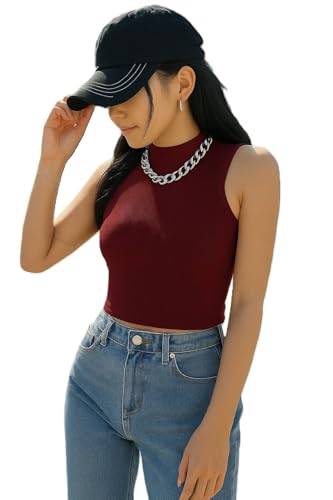 Image of ADBUCKS Women's Sleeveless Ribbed Cotton Mock Neck Top | Mock Neck Fitted Crop Top | Casual & Stylish - Sizes XS to XL
