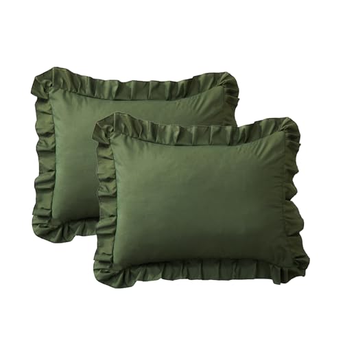 FMLIUY Ruffle Pillow Cases Standard Size Set of 2 Soft Wrinkle Resistant Brushed Microfiber Ruffled Pillowcases Envelope Pillow Shams Cover Festive Gift for Hotels Rooms 20x26 Inch (Olive Green)
