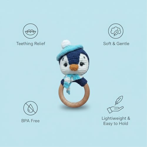 Image of Crochet Baby Teether Combo Penguin - Soft Handmade Cotton Rattle Toy with Wooden Ring for Infants - Penguin 1 PCS