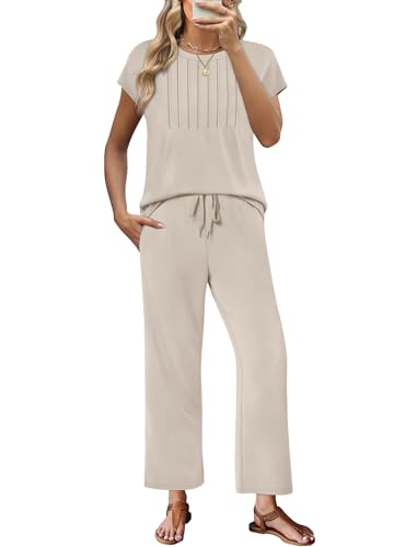 Image of Sampeel Two Piece Sets for Women Summer Vacation Outfits Cap Sleeve Tops Lounge Matching Sets Women Clothing