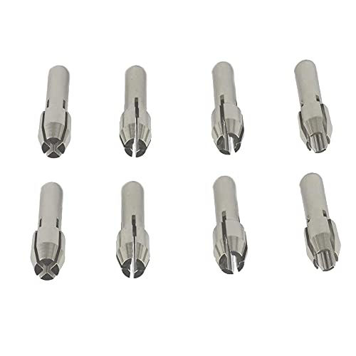 Luo ke 8 Pcs Rotary Tool Accessories - Durable Shiny Stainless Steel Collet Brass Chuck Fits Dremel Rotary Tools Including 4 Size (1/1.6/2.4/3.2) mm(Silver)