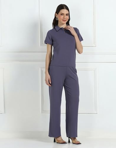 Image of Selvia Solid Two-Piece Co-Ord Set for Women, Top & Wide-Leg Trouser Pants