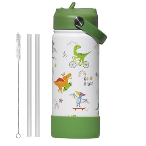 Image of TOM & BELL Insulated Water Bottle for Kids 500ml,Double Wall Water Bottle for School, Sipper Bottle,Hot and Cold, Premium 304 Stainless Steel (Dinosaurs, 500ml)