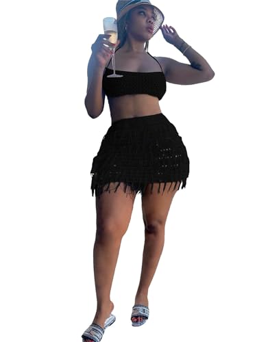 Image of CALEBGAR Women 2 Piece Outfits Sexy Crochet Mini Dress Hollow Tassel Skirts Sets Summer Bandage Tube Tops