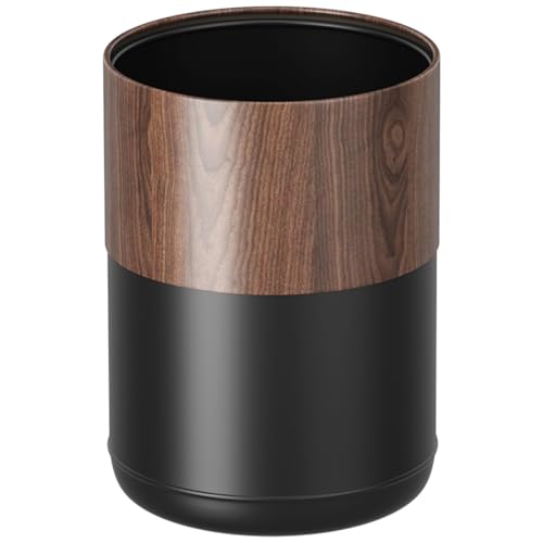 Image of 3.1GAL Modern Metal Waste Bin with Realistic Wood Texture,Built-in Bag Holder,Open-Top Trash Bin for Bathroom,Home,Office,Living Room (3.1gal Round)
