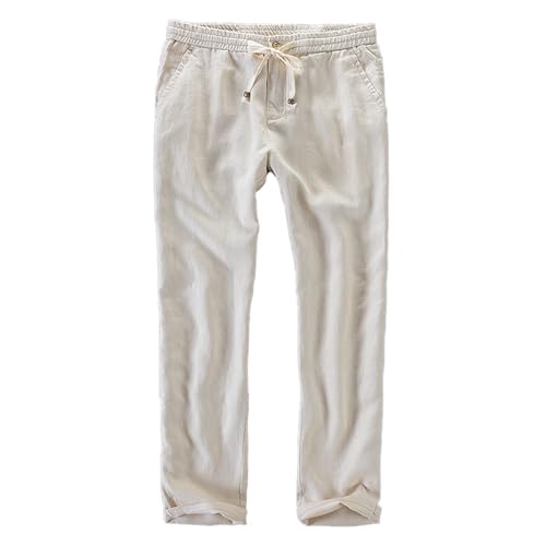 100% Linen Brand Quality Casual Pants for Men Fashion Breathable Elastic Waist with Drawstring Waistband Trousers