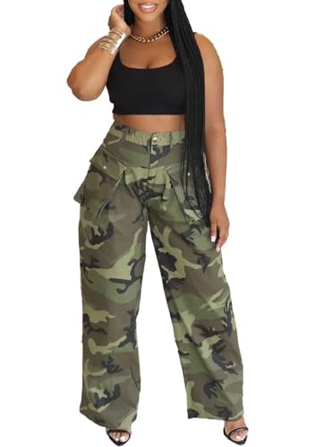 LROSEY Women’s Camo Cargo Pants Casual Army Fatigue Pants Camouflage High Waisted Wide Leg Trousers with Flap Pockets