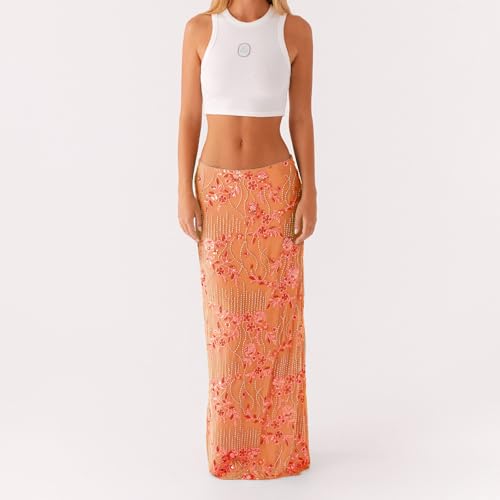 Women Y2k Sequin Long Skirt Bead Floral Embroidery Maxi Skirt Low Waist Rhinestone Glitter Bodycon Club Skirt2