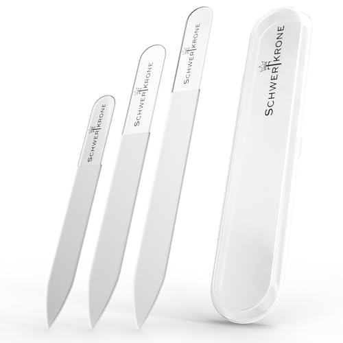 SCHWERTKRONE 3er Set Glasnagelfeilen [SCHONEND & LANGLEBIG] - Glasfeile für Nägel hochwertig - Nagelfeile Glas für Naturnägel - Nail File Set Nagel Feilen - Nagelfeile Set mit Etui (abwaschbar)