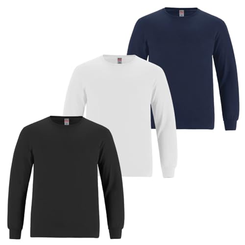 Image of 3 Pack Boys Kids Long Sleeve T-Shirt Top Cuffed Crew Neck Plain Jersey Tee Top Adults Casual Wear (White-Black-Navy, 14-15Y)