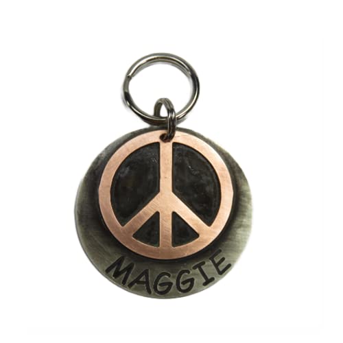 Peace Sign Dog Tag Pet Id-Retro 60's Hippie Dog Tag- Handcrafted Copper And Nickel- Multi Layered Custom Engraved-Peace Dog Tag-Personalized (1")