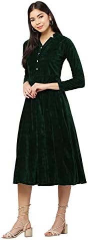FASHION TRIANGLEWomen's Midi Velvet Short DressWith Band Collar and Sleeve