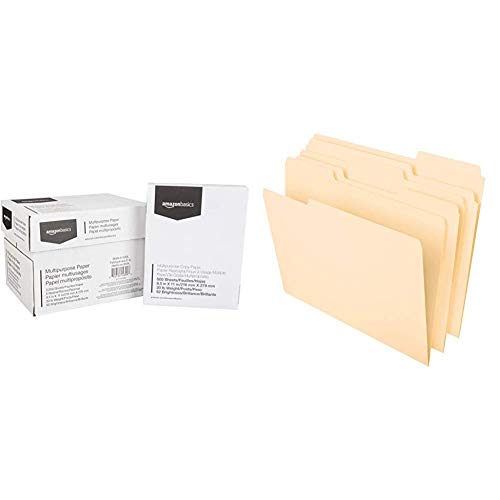 AmazonBasics Multipurpose Copy Printer Paper - White, 8.5 x 11 Inches, 5 Ream Case (2,500 Sheets) & Pendaflex File Folders, Letter Size, 8-1/2%22 x 11%22, Classic Manila, 100 Per Box