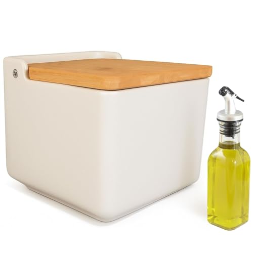 Salero de Cocina Blanco con Base de Cerámica y Tapa de Bambú Basculante, Acompañado de Aceitera Antigoteo de Cristal con Tapón Libre de BPA, Set_Salero y Aceitera + Modernos +Ecológicos