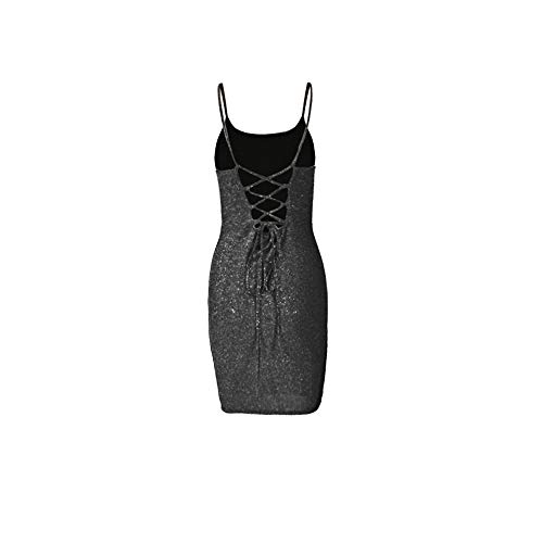 Image of VANCOL Women's Sexy Glitter Spagetti Straps Lace Up Back Bandage Bodycon Mini Club Party Dress
