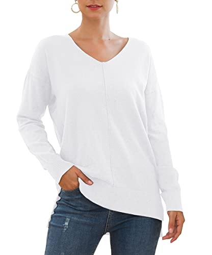 PCEAIIH Women's Jumpers Casual Lightweight V Neck Batwing Sleeve Knit Top Loose Pullover Sweater (M, White)