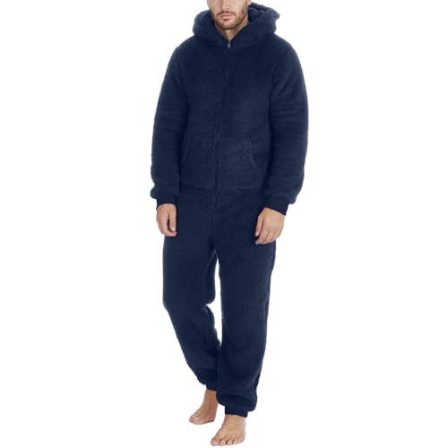 Winter Warm Fleece Pajamas for Men Plush Zipper Onesie Fluffy Hooded Sleepwear One Piece Sleep Lounge Pajama Jumpsuits
