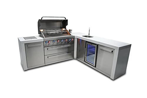 Mont Alpi Mai805-D90Bev Deluxe 90 Degree 6-Burner 115000 Btu Deluxe Stainless Steel Island Outdoor Kitchen Gas Barbecue Grill W/ Wine Cooler Beverage Center Granite Countertops + Faucet & Sink #TOP2