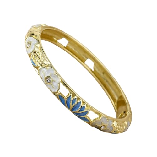 sunglnl Cloisonne Bracelet For Women, Lotus Diamond Enamel Cute Multi Tone Chunky Bangle Gold Plated Hollow Vintage Bracelets Stackable Wife Jewelry Friendship Gift (Blue Lotus)