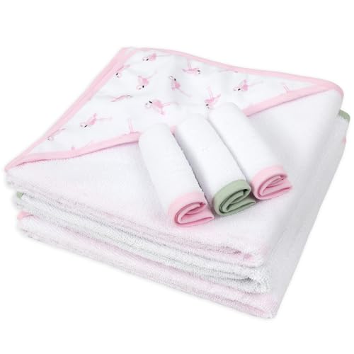 Image of Jessica Simpson Baby 6-Piece Hooded Towel & Washcloth Set - Soft Polyester Baby Bath Towels - Butterfly & Lavender Floral Prints (Green Floral & Flamingo)