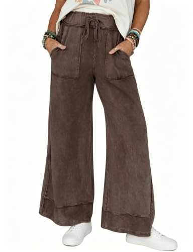 Athlisan Womens Casual Wide Leg Sweatpants Acid Wash Elastic Waisted Palazzo Pants Trousers with Pockets(Coffee-M)